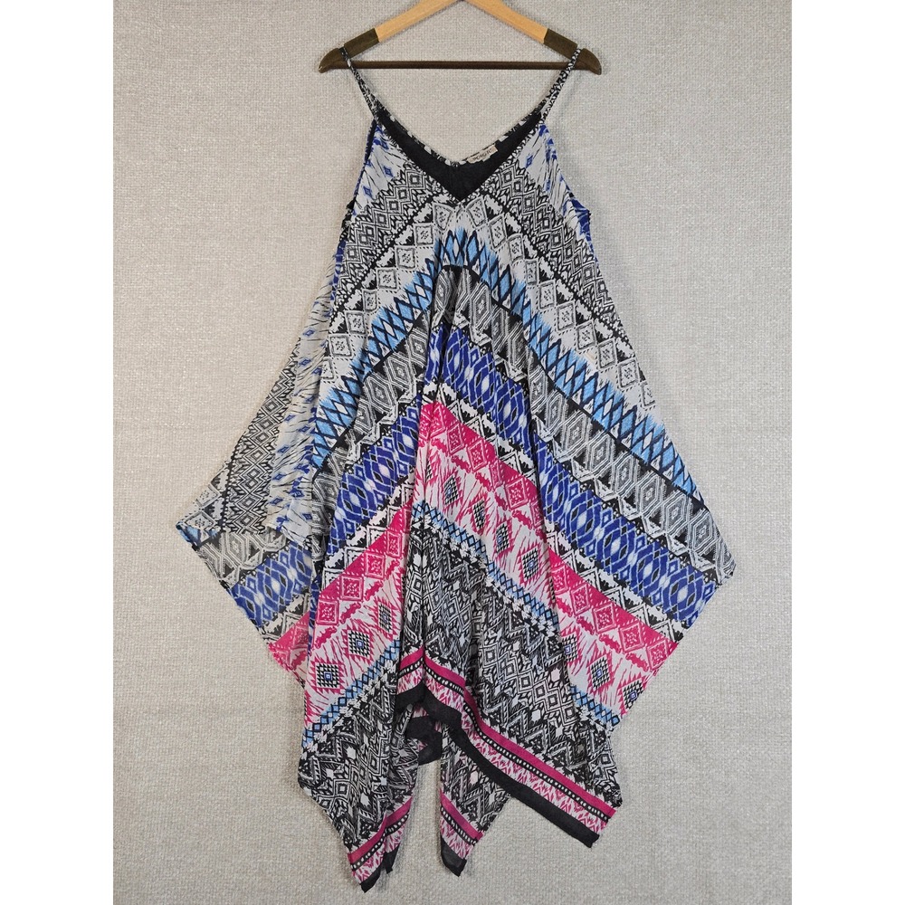 Magic Tribal Print Dress XL Sharkbite Hem Sleeveless Boho Geometric Pink Blue